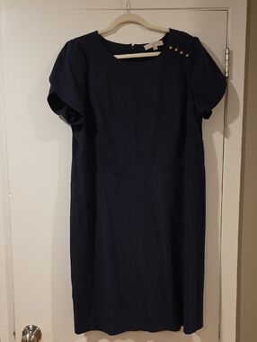 LOFT Navy Pin Striped Midi Dress with Gold Button Detail